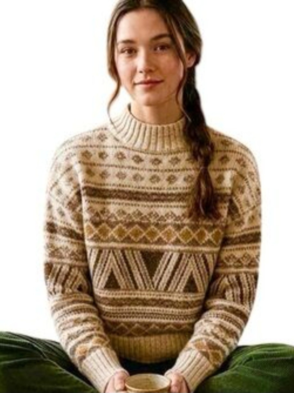 Marled Fair Isle Turtleneck Sweater in Cream and Brown